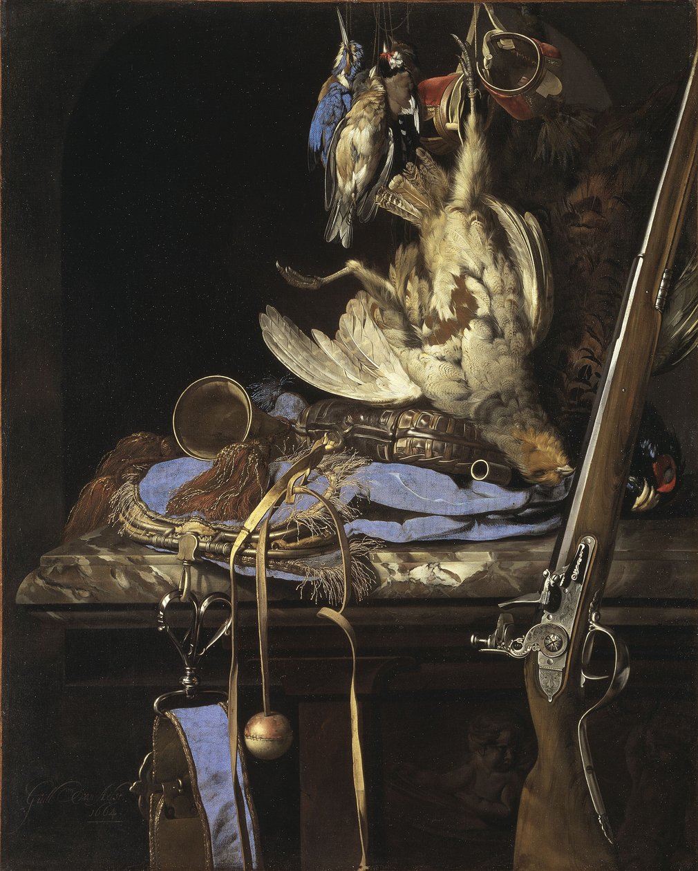 Jogo com equipamento de caça em um nicho de Willem van Aelst