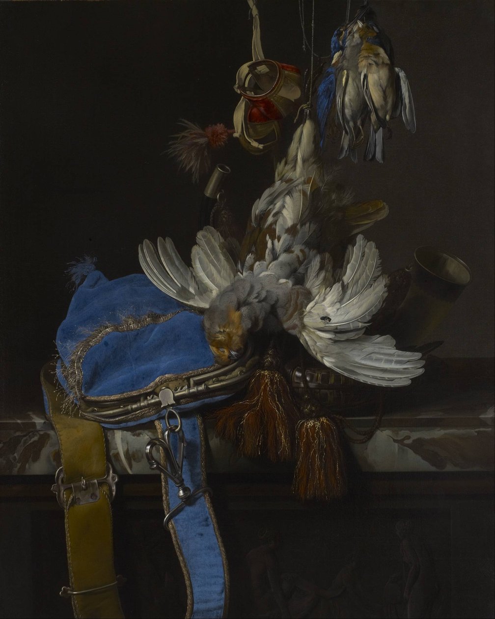 Caçar ainda vida com um saco de veludo em uma borda de mármore de Willem van Aelst