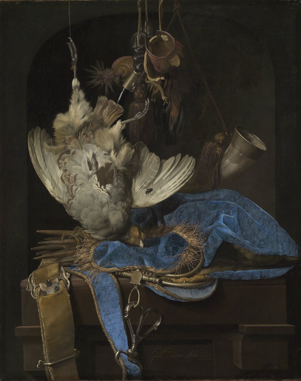 Natureza morta com equipamento de caça e pássaros mortos de Willem van Aelst