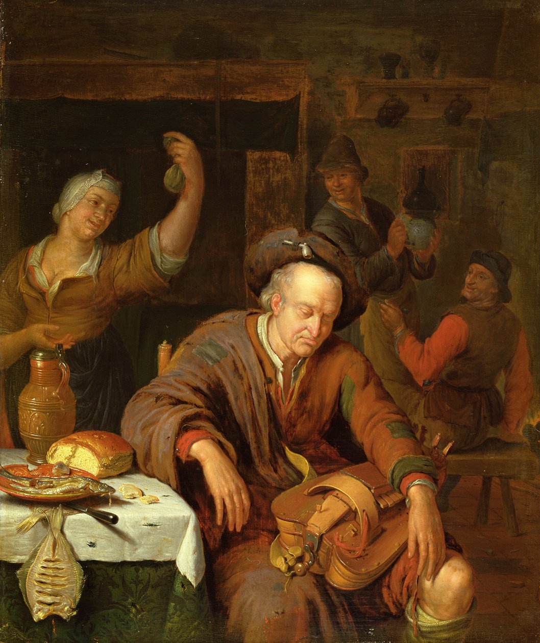 O jogador de Hurdy Gurdy dormindo em uma taverna de Willem Van Mieris