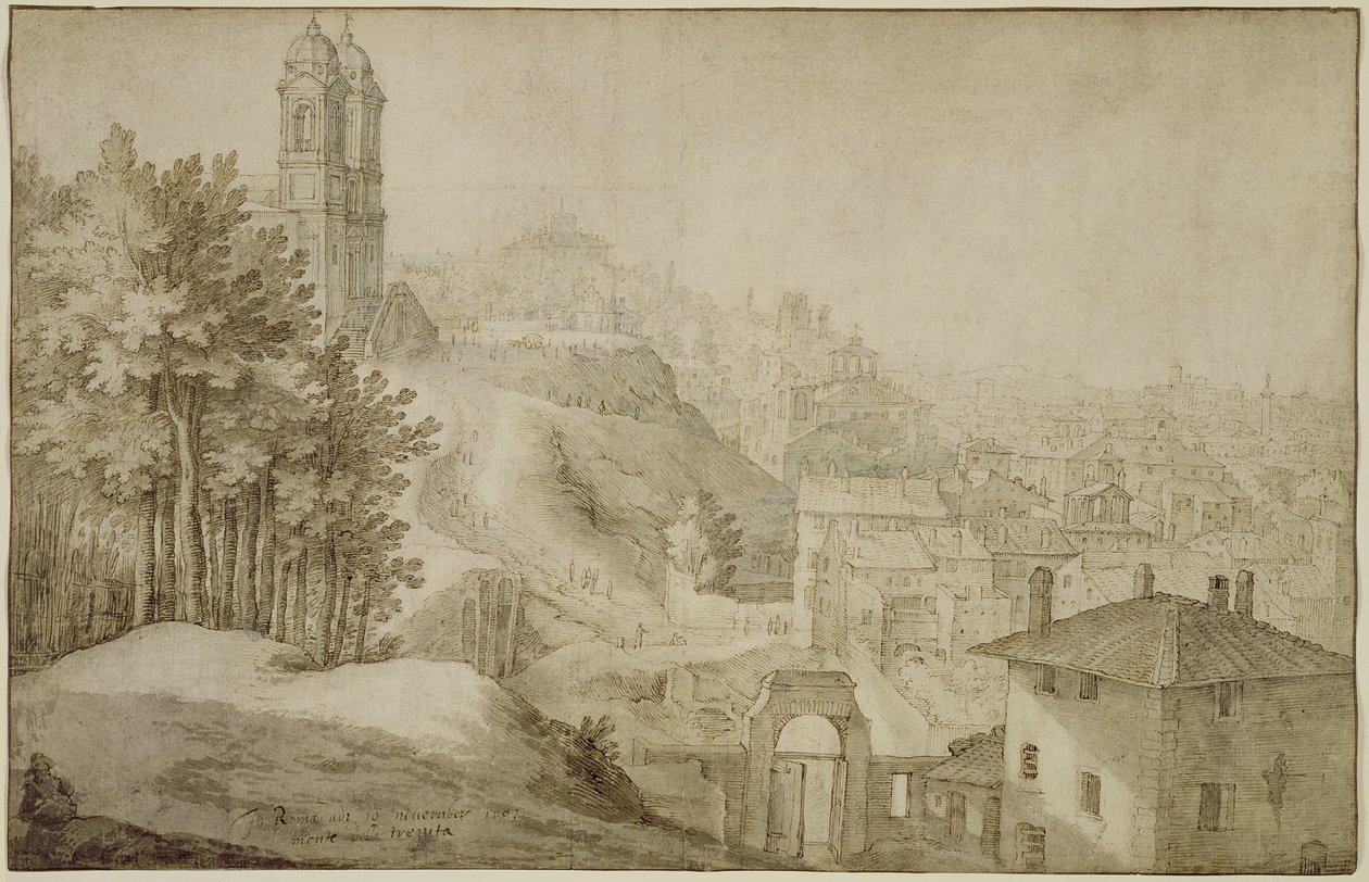 PD.516-1963 Vista de Trinita dei Monti, Roma, 1603 (caneta e tinta com lavagem) de Willem van Nieulandt