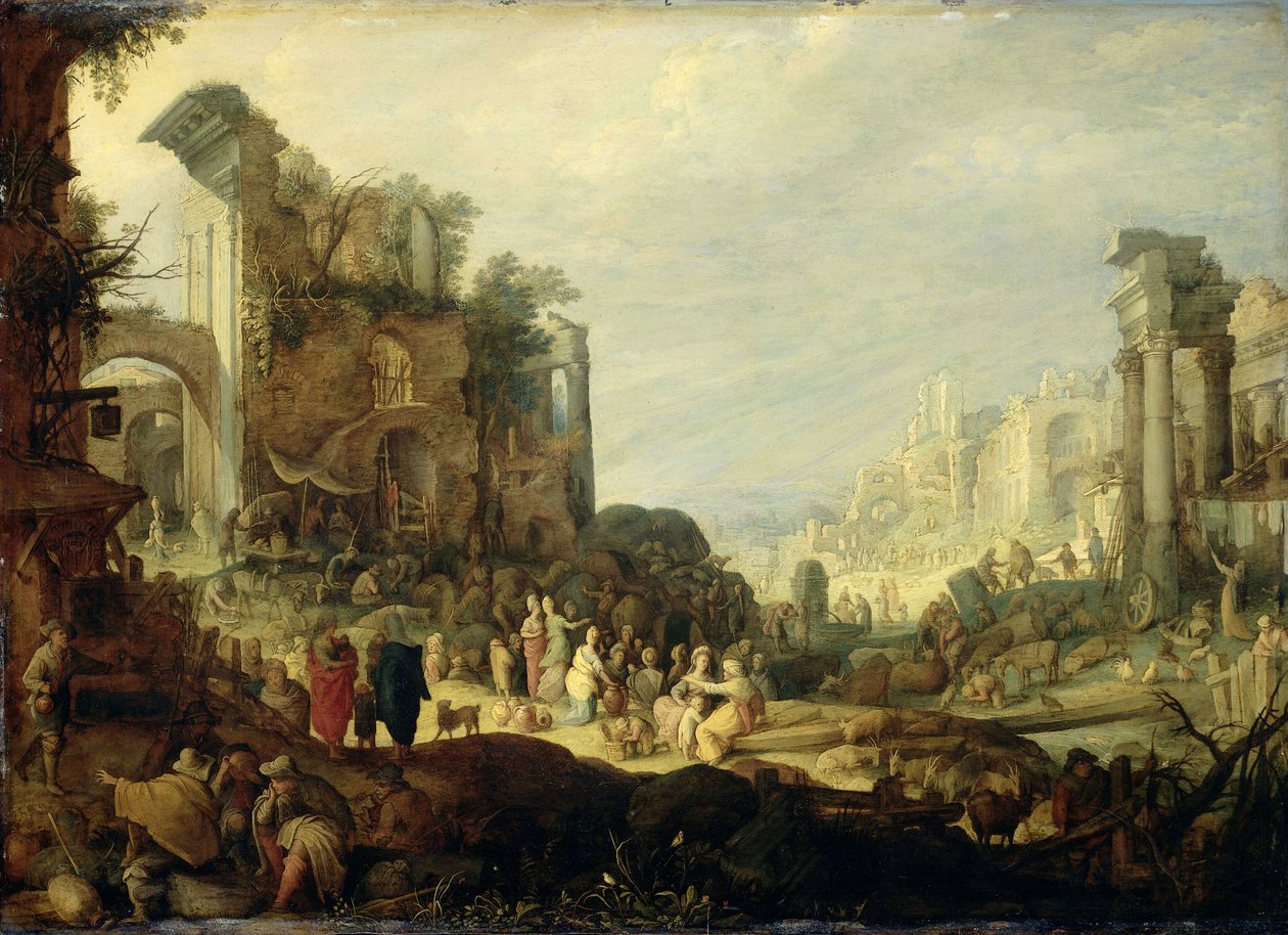 Paisagem com ruínas e o encontro de Rebecca e Eliezer de Willem van Nieulandt II