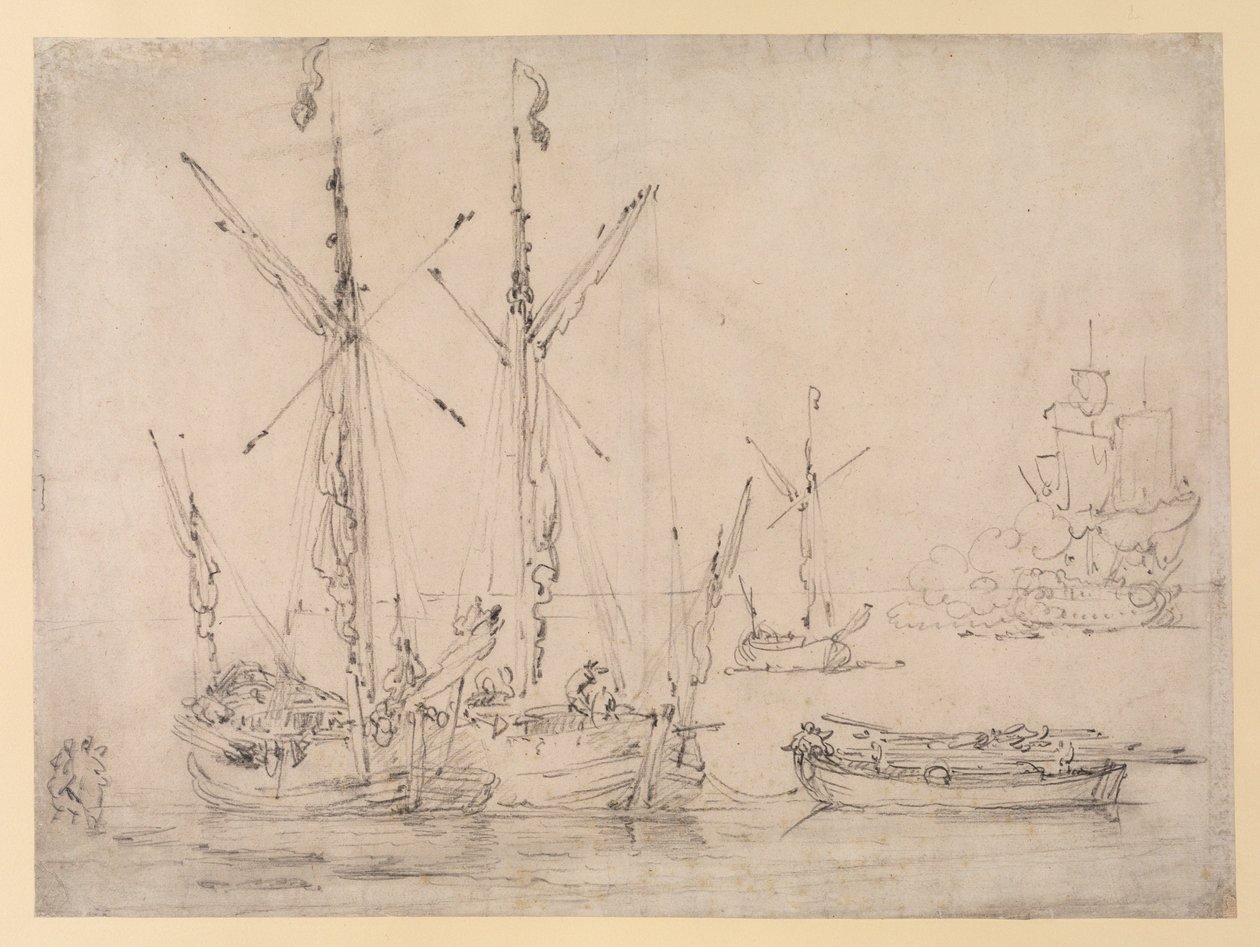 Cena do Estuário: três Galliots, uma barcaça e uma fragata disparando uma saudação, c.1675 (grafite sobre papel) de Willem van de Velde