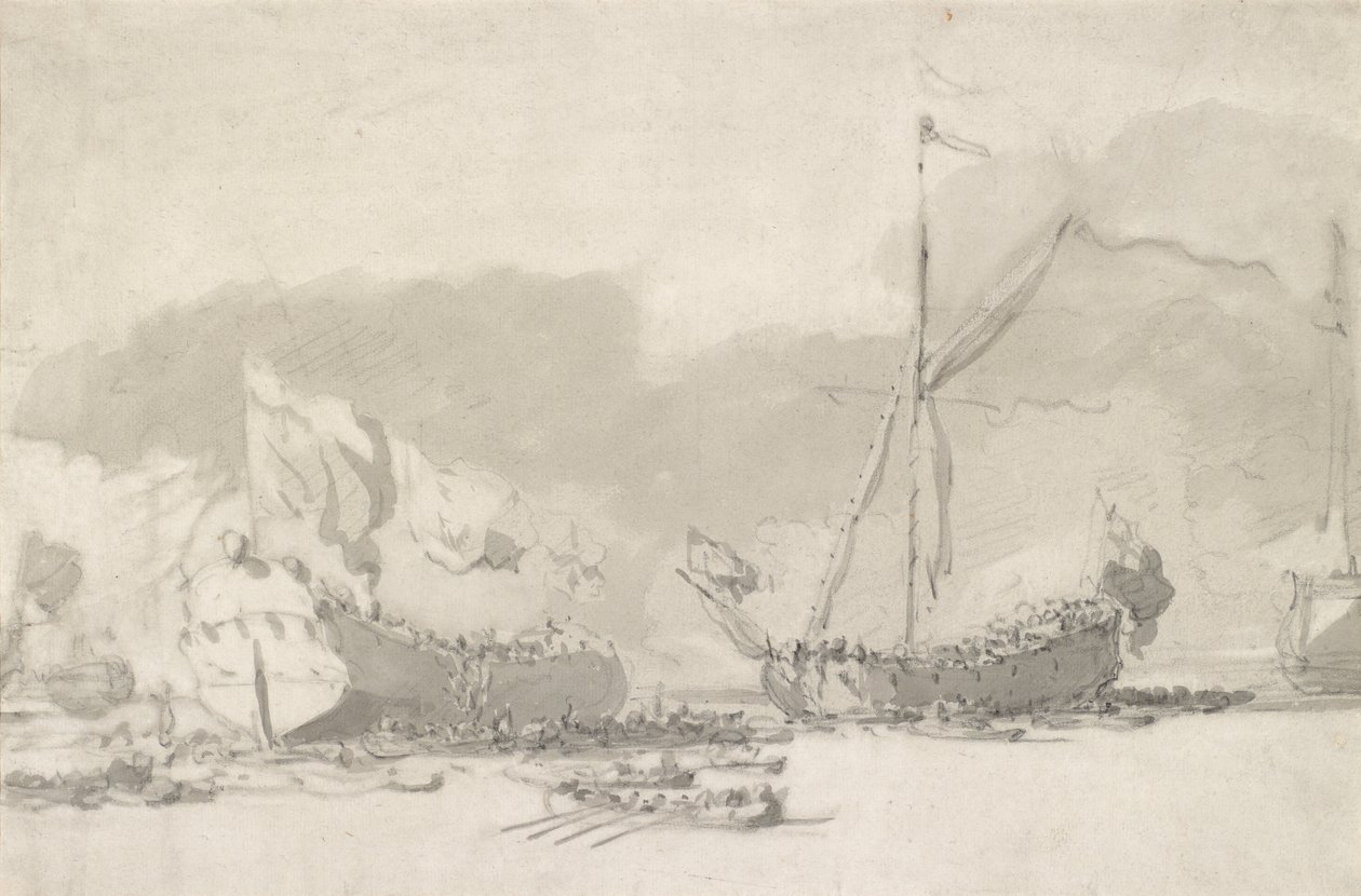 O lançamento de um navio de guerra de plataforma única com um iate real em atendimento, do final do século XVII ao início do século XVIII (giz preto e cinza lavados sobre papel) de Willem van de Velde