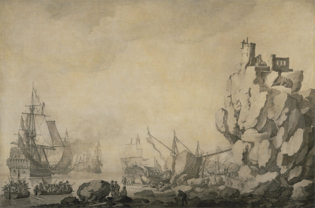 Navios e Milícia por uma costa rochosa de Willem van de Velde the Elder