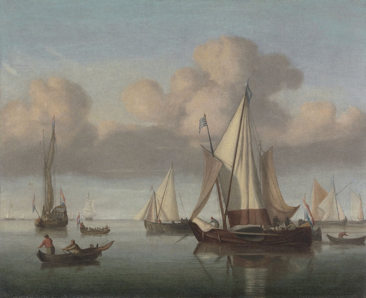 Um Kaag na âncora com velas içadas e um iate do estado e outra embarcação de Willem van de Velde the Younger