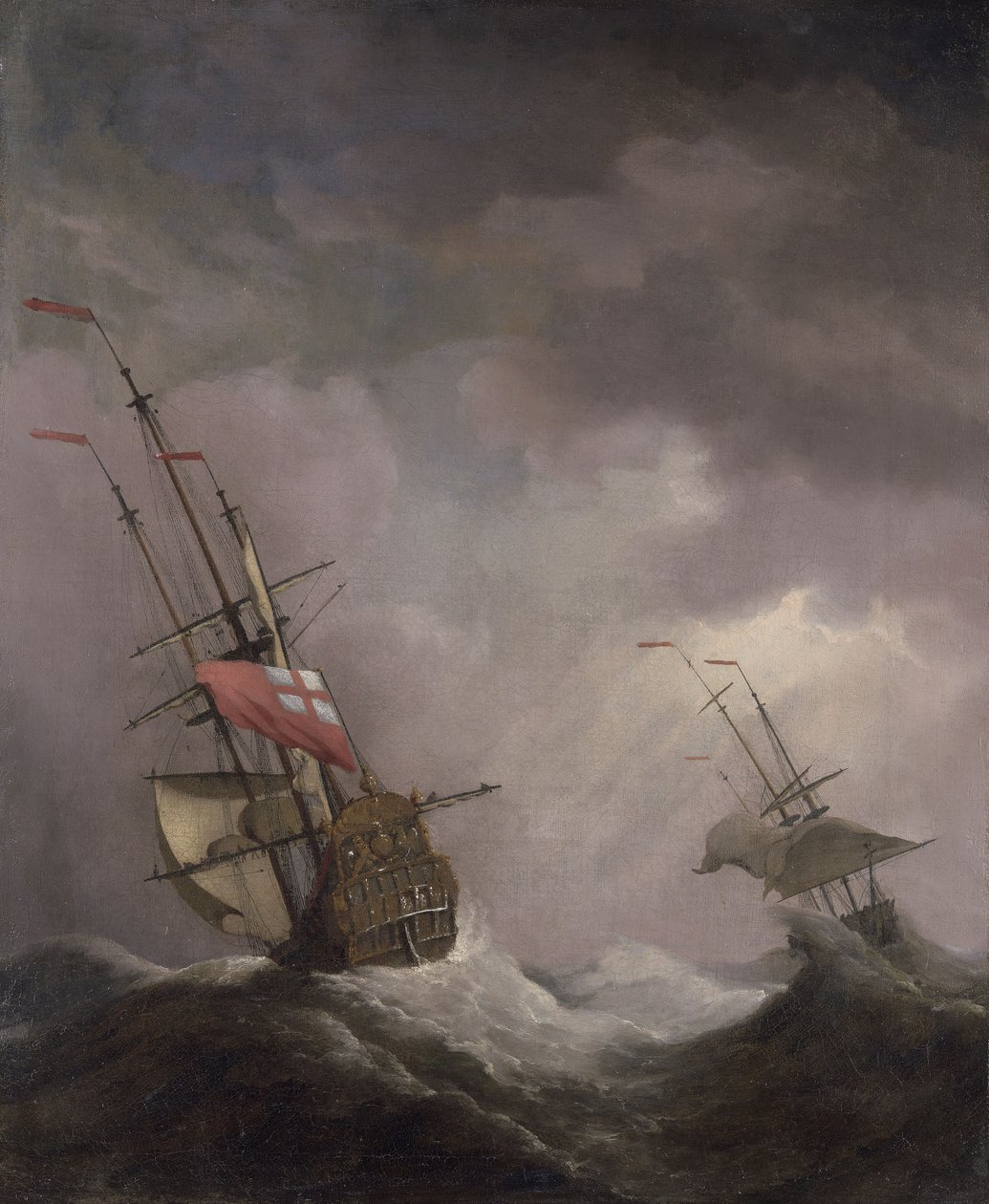 Um navio inglês no mar correndo em um vendaval de Willem van de Velde the Younger