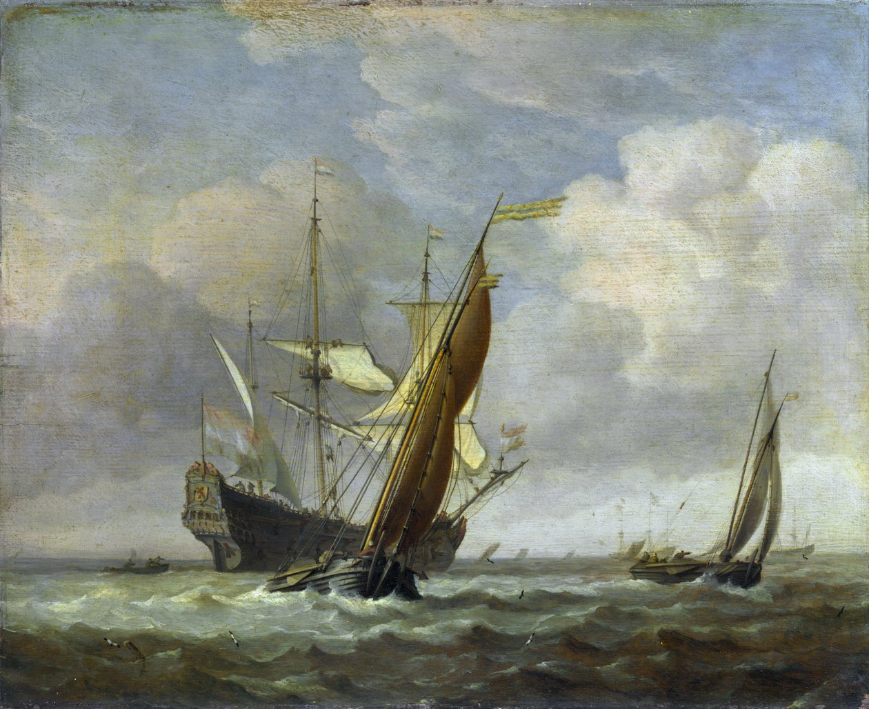 Duas pequenas embarcações e um homem-de-guerra holandês em uma brisa de Willem van de Velde the Younger