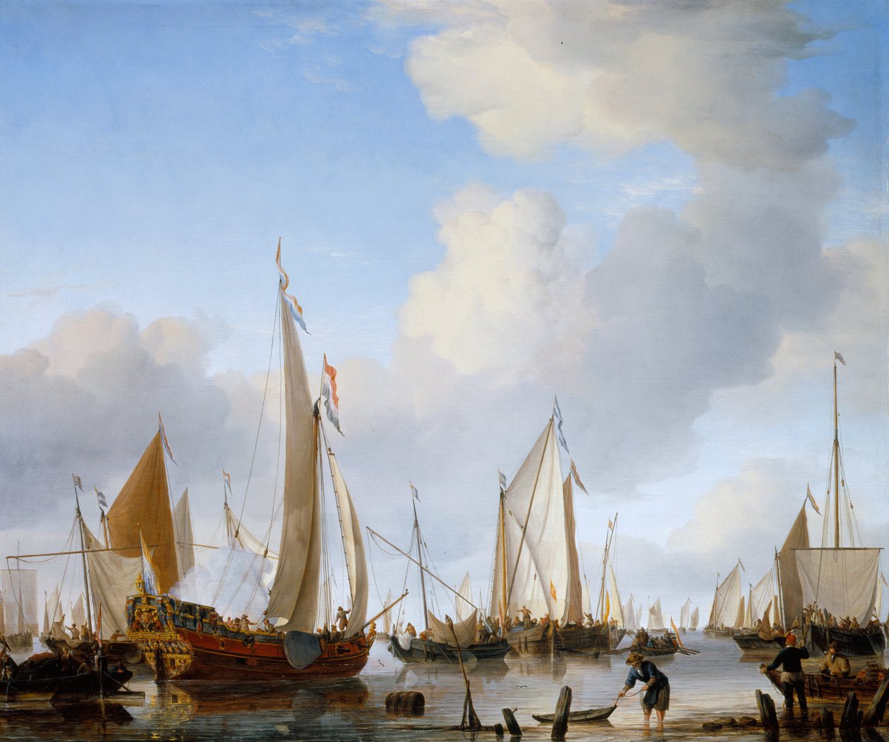 Calma- um iate de Estados sob vela perto da costa com muitos outros navios de Willem van de Velde the Younger