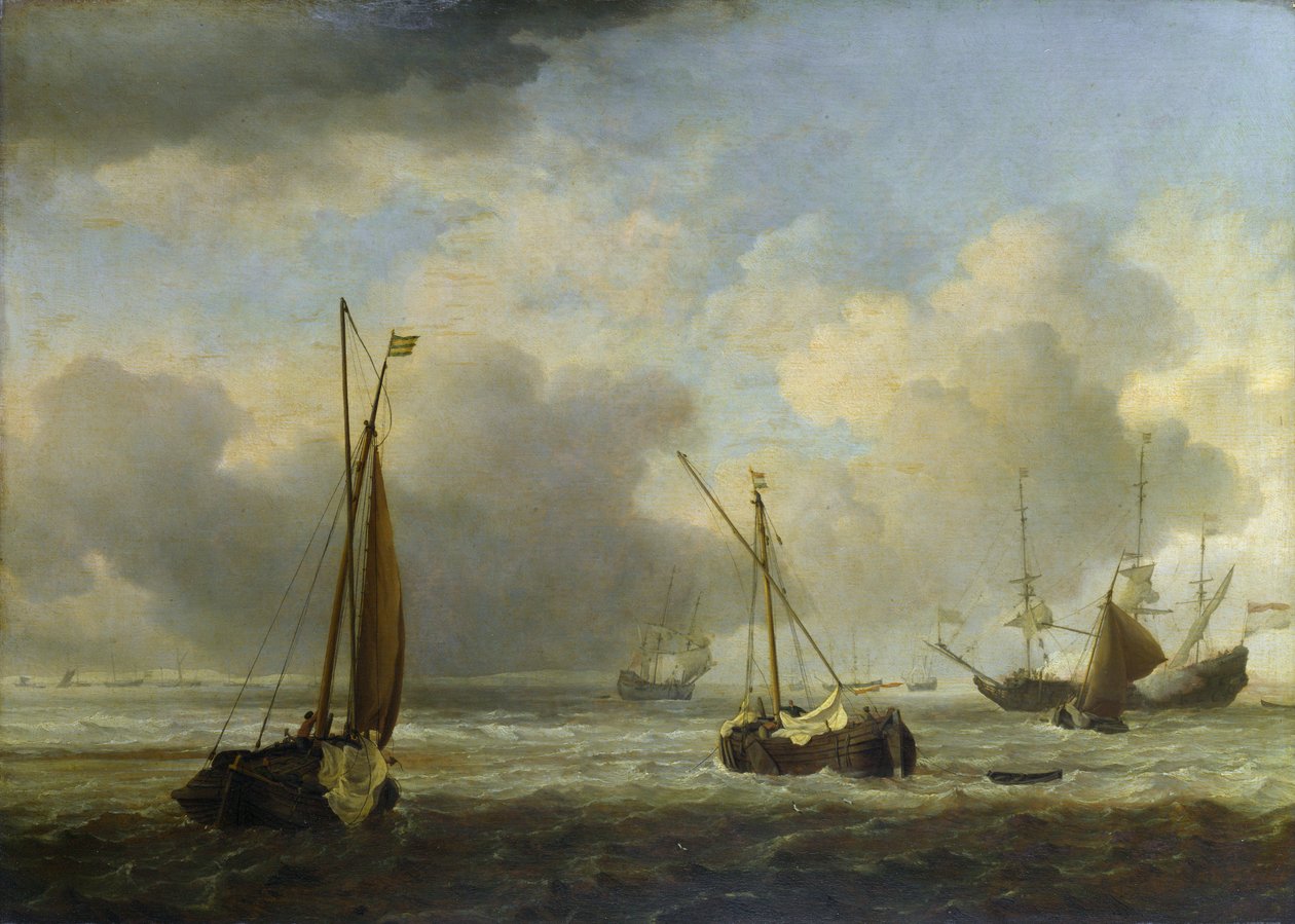 Navios holandeses e pequenas embarcações no mar em uma brisa de Willem van de Velde the Younger