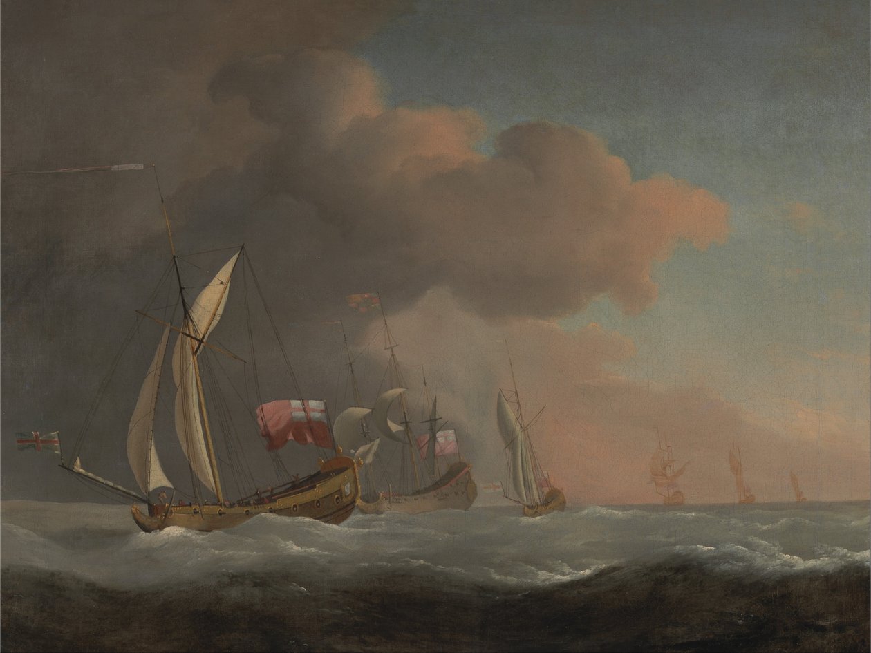 Iates ingleses reais no mar em uma brisa forte, na companhia com um navio que voa o padrão real de Willem van de Velde the Younger