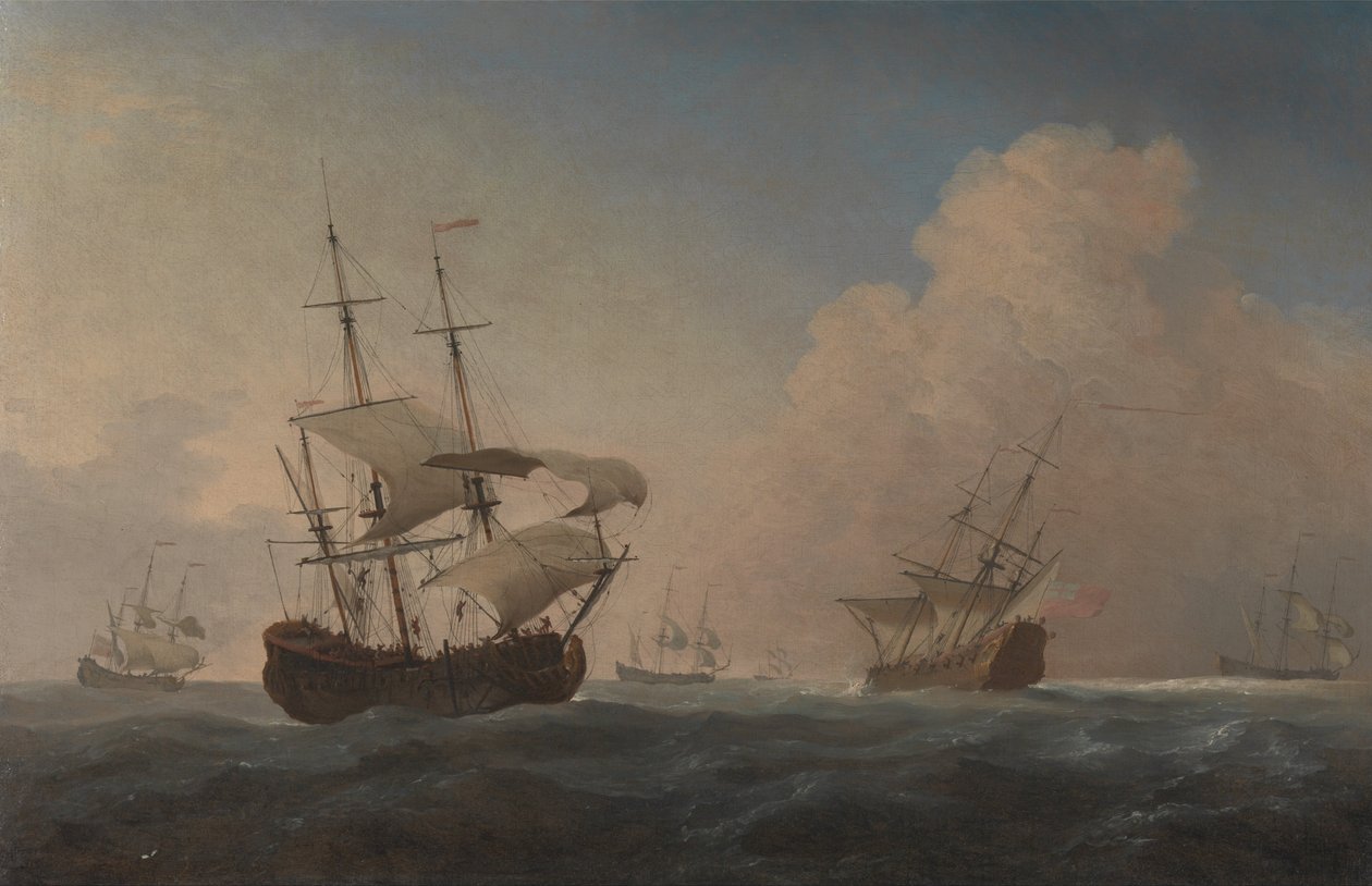 Navios de guerra ingleses que se inclinam na brisa offshore de Willem van de Velde the Younger