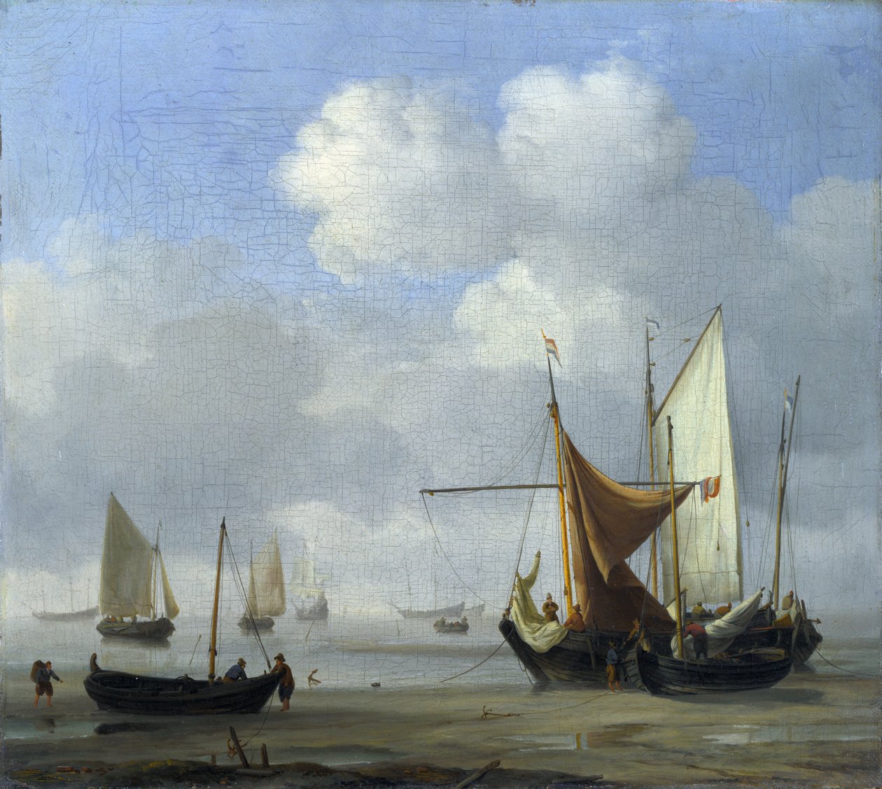 Pequenos navios holandeses encalhados em maré baixa em uma calma de Willem van de Velde the Younger