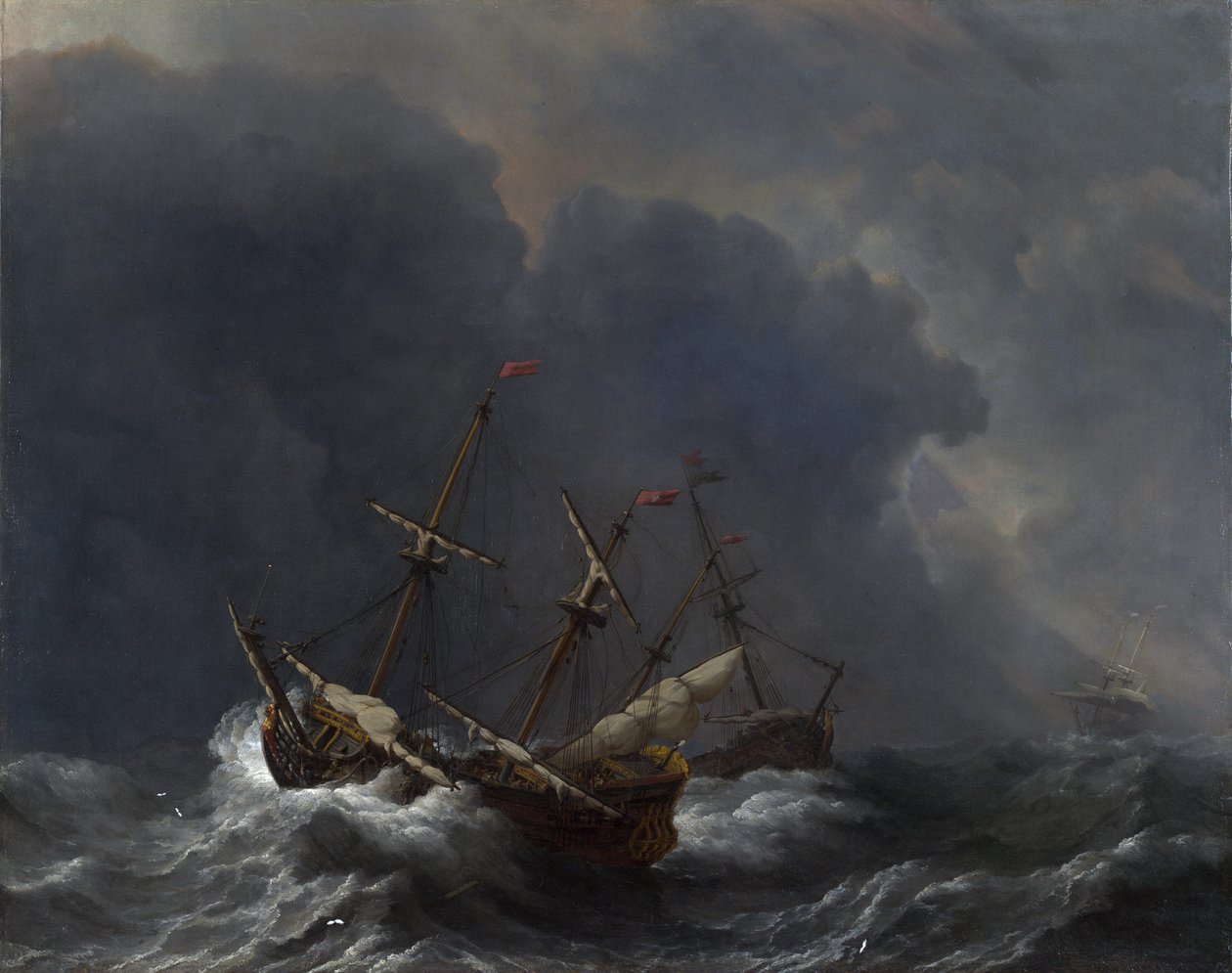 Três navios em um vendaval de Willem van de Velde the Younger