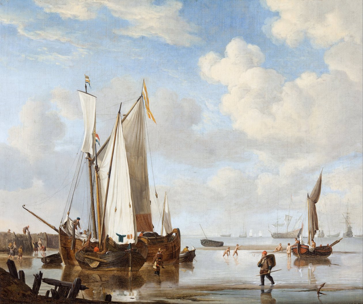 Um wijdschip e um kaag em uma enseada perto de um paredão de Willem Velde Younger and the de van workshop