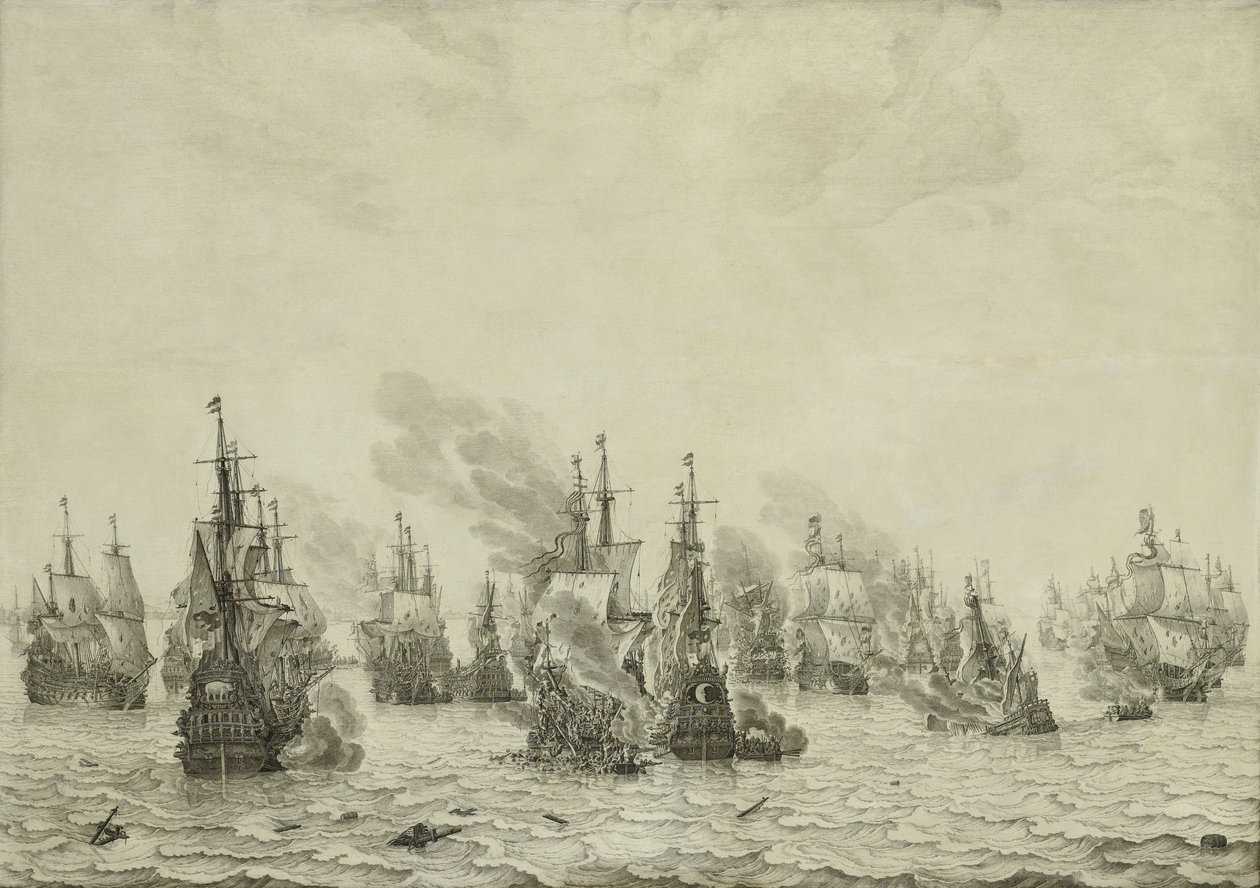 A Batalha de Livorno ou Leghorn, c.1659-99 (pintura a caneta no painel) de Willem van de Velde the Elder