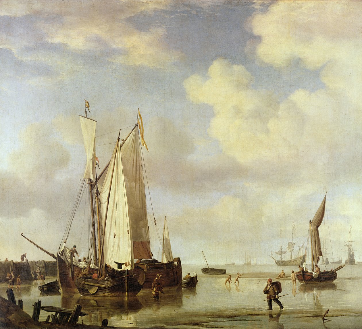 Embarcações holandesas em terra e banhos de homens, 1661 de Willem van de Velde the Younger