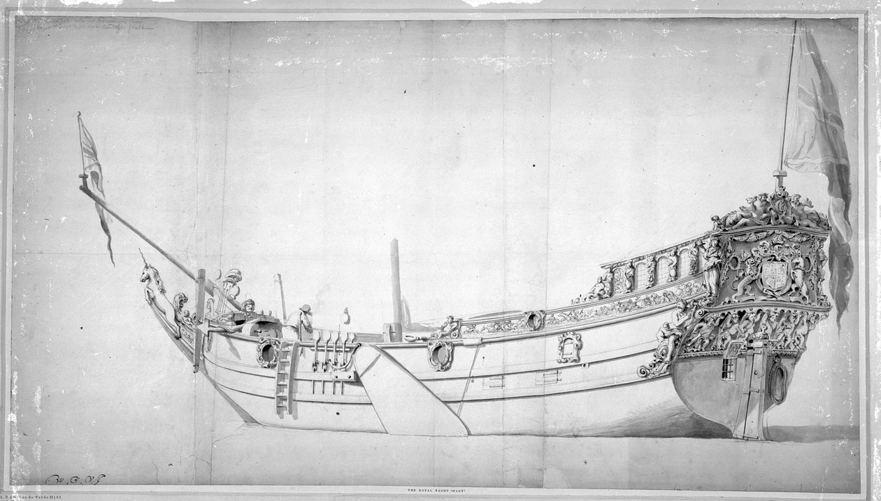 O iate real &39;Mary&39; (desenho em papel) de Willem van de Velde the Younger