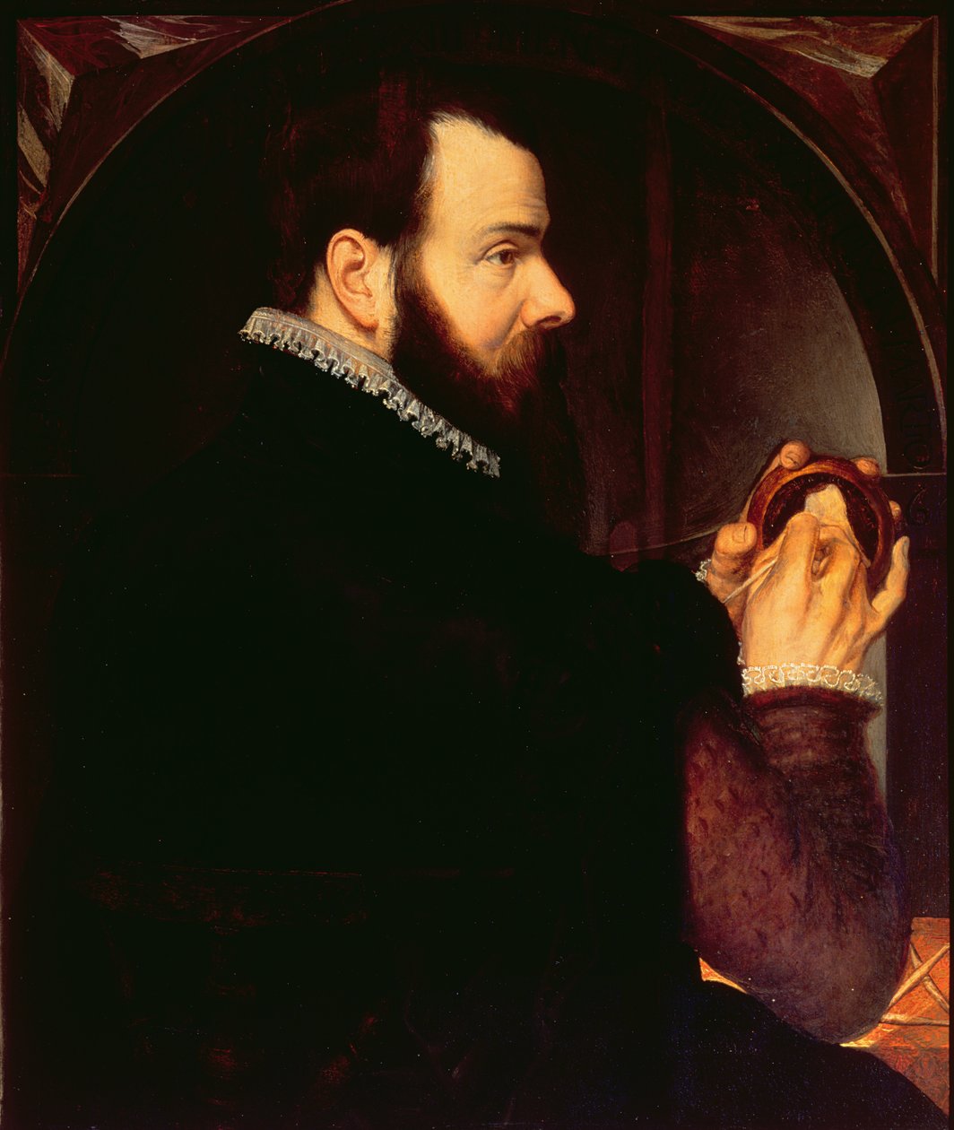 Auto-retrato segurando um medalhão de retrato de cera, 1564 (painel) de Willem van den Broecke