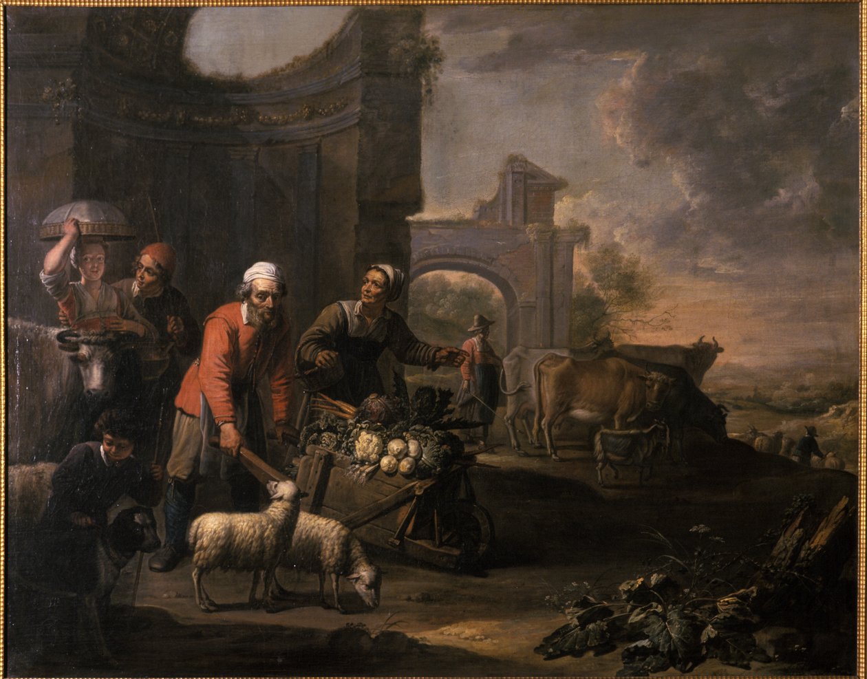 Um, homem, com, um, carrinho mão, cheio, de, legumes de Willem van the Elder Herp