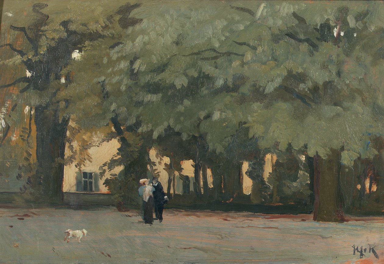 Um casal em um quadrado (óleo no painel) de Willem Adriaan van Konijnenburg