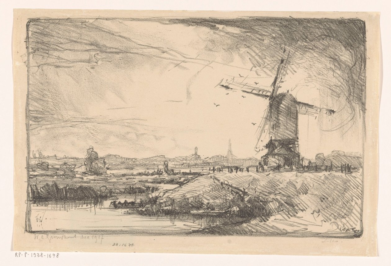 Paisagem com moinho de vento perto de Leiden de Willem Adrianus Grondhout (signed by artist)