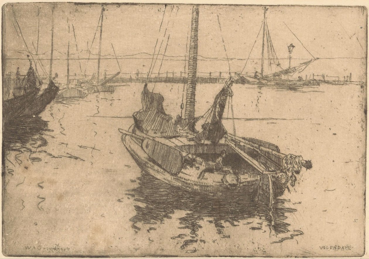 Barcaças no porto de Volendam de Willem Adrianus Grondhout (signed by artist)