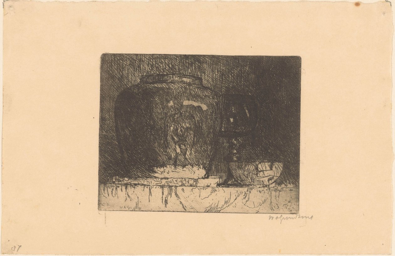 Natureza morta com jarra de gengibre, copo de vinho e tigela de Willem Adrianus Grondhout (signed by artist)