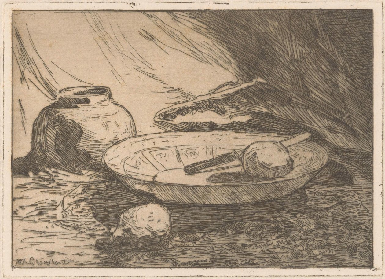 Natureza morta com pote e tigela de Willem Adrianus Grondhout (signed by artist)