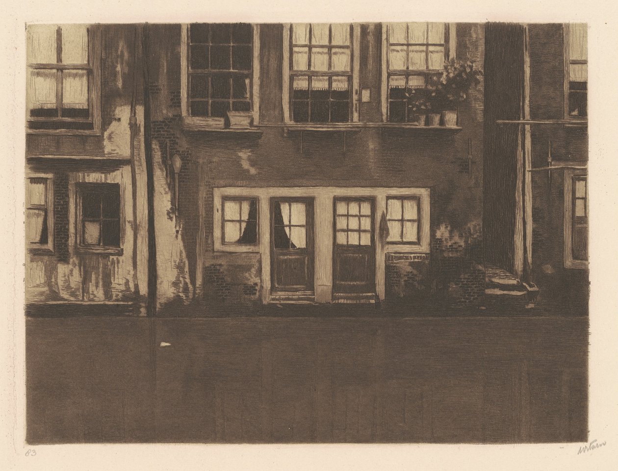 Oudezijds Achterburgwal, duas portas no meio [O Oudezijds Achterburgwal, com duas portas no meio] de Willem Arnold Witsen