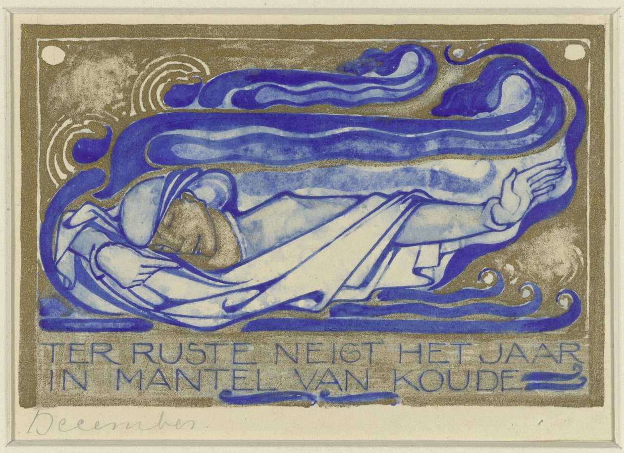 Em repouso o ano tende em manto de frio, dezembro (título no objeto) Folha de calendário de design para o Dutch Art Association Calendar 1930 (título da série) de Willem Arondéus