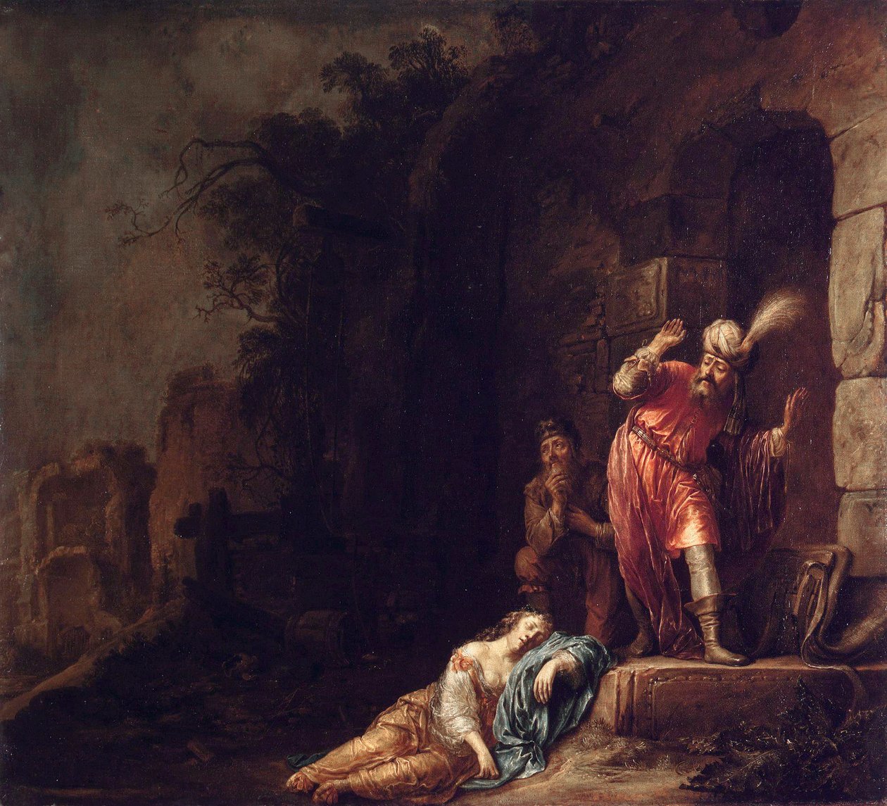 "O Levita de Efraim" O Levita descobre o corpo sem vida da sua amada violada por bandidos (Morte da Concubina do Levita) Pintura por Willem Bartsius (Bartius)(1612-1657) de Willem Bartsius
