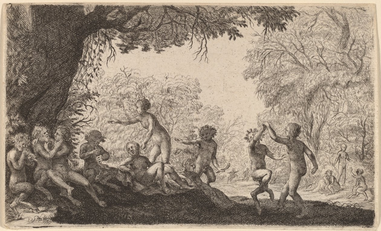 Bacchanal com um casal de dança à direita. de Willem Basse