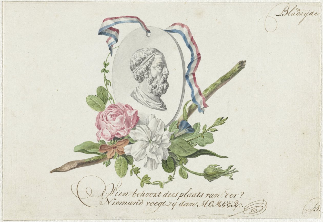 Vinheta com flores, medalhão de retrato e fita de Willem Bilderdijk