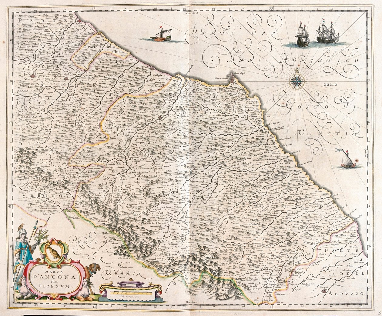 Ancona, Marche, Itália, em "Theatrum Orbis Terrarum, sive Atlas Novus" de Willem Blaeu, Amesterdão de Willem Blaeu