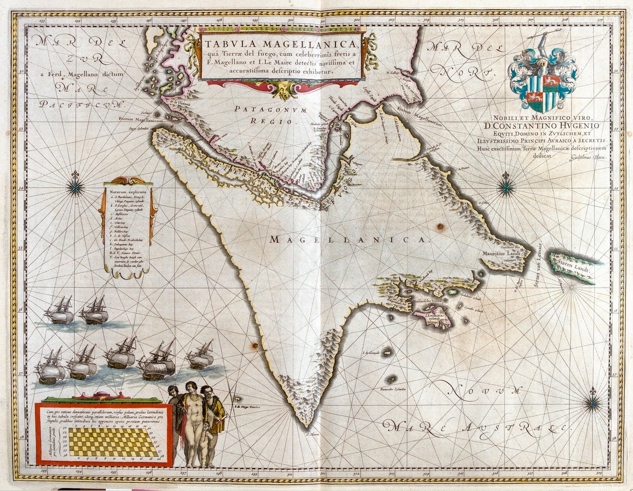 Argentina, Chile, Estreito de Magalhães, Terra de Fuego, em "Theatrum Orbis Terrarum, sive Atlas Novus" de Willem Blaeu, Amesterdão de Willem Blaeu