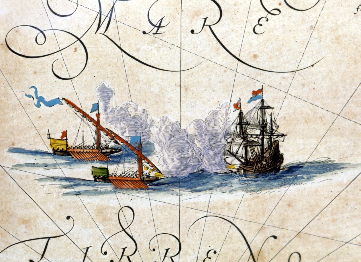 Batalha entre duas galeras e um caraque. Atlas de Willem Janszoon Blaeu (1571 - 1638) de Willem Blaeu