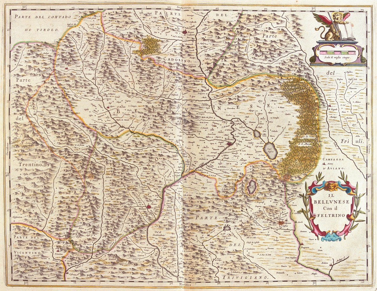 Belluno e Feltre, Itália, em "Theatrum Orbis Terrarum, sive Atlas Novus" de Willem Blaeu, Amesterdão de Willem Blaeu