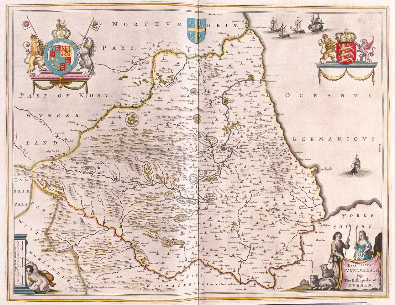 Bishoprike de Durham, em "Theatrum Orbis Terrarum, sive Atlas Novus" de Willem Blaeu, Amesterdão de Willem Blaeu