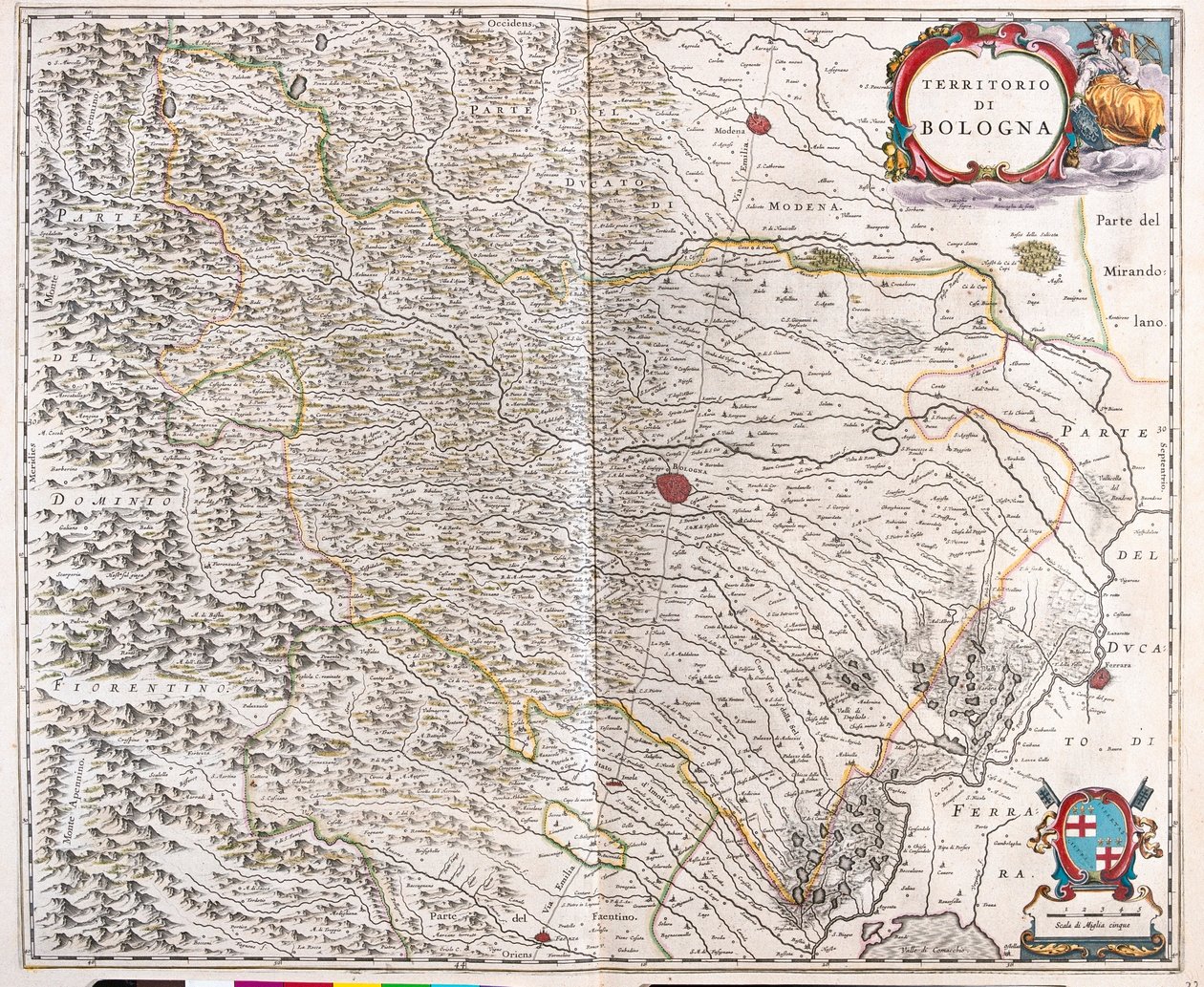 Bolonha, Itália, em "Theatrum Orbis Terrarum, sive Atlas Novus" de Willem Blaeu, Amesterdão de Willem Blaeu