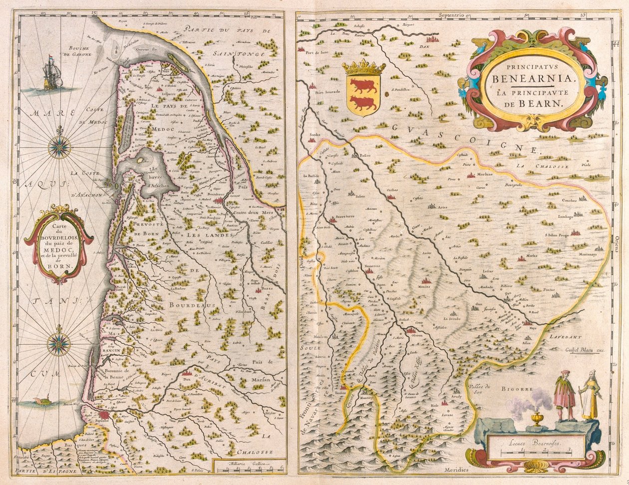 Bordelais-Pays du Médoc - Born- Aquitaine- West coast of France, em "Theatrum Orbis Terrarum, sive Atlas Novus" de Willem Blaeu, Amesterdão de Willem Blaeu