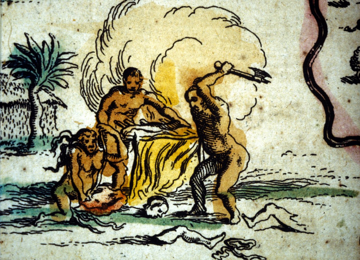 Brasil. Canibais retratando um homem com um machado. Detalhe de um mapa do Atlas de W. Blaeu. de Willem Blaeu