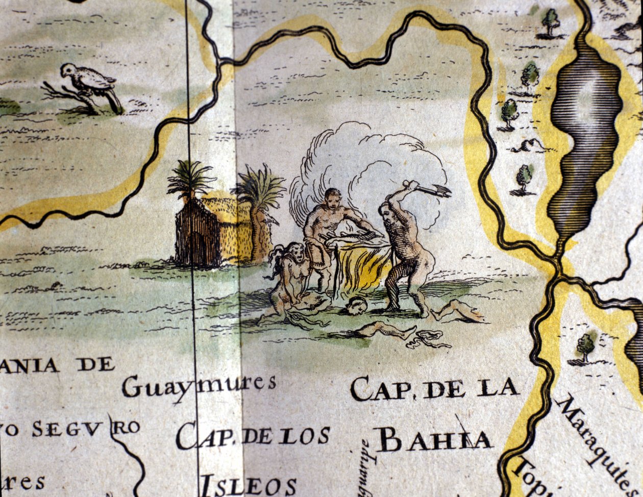 Brasil. Canibais representando um homem com um machado. Detalhe de um mapa do Atlas de W. Blaeu de Willem Blaeu