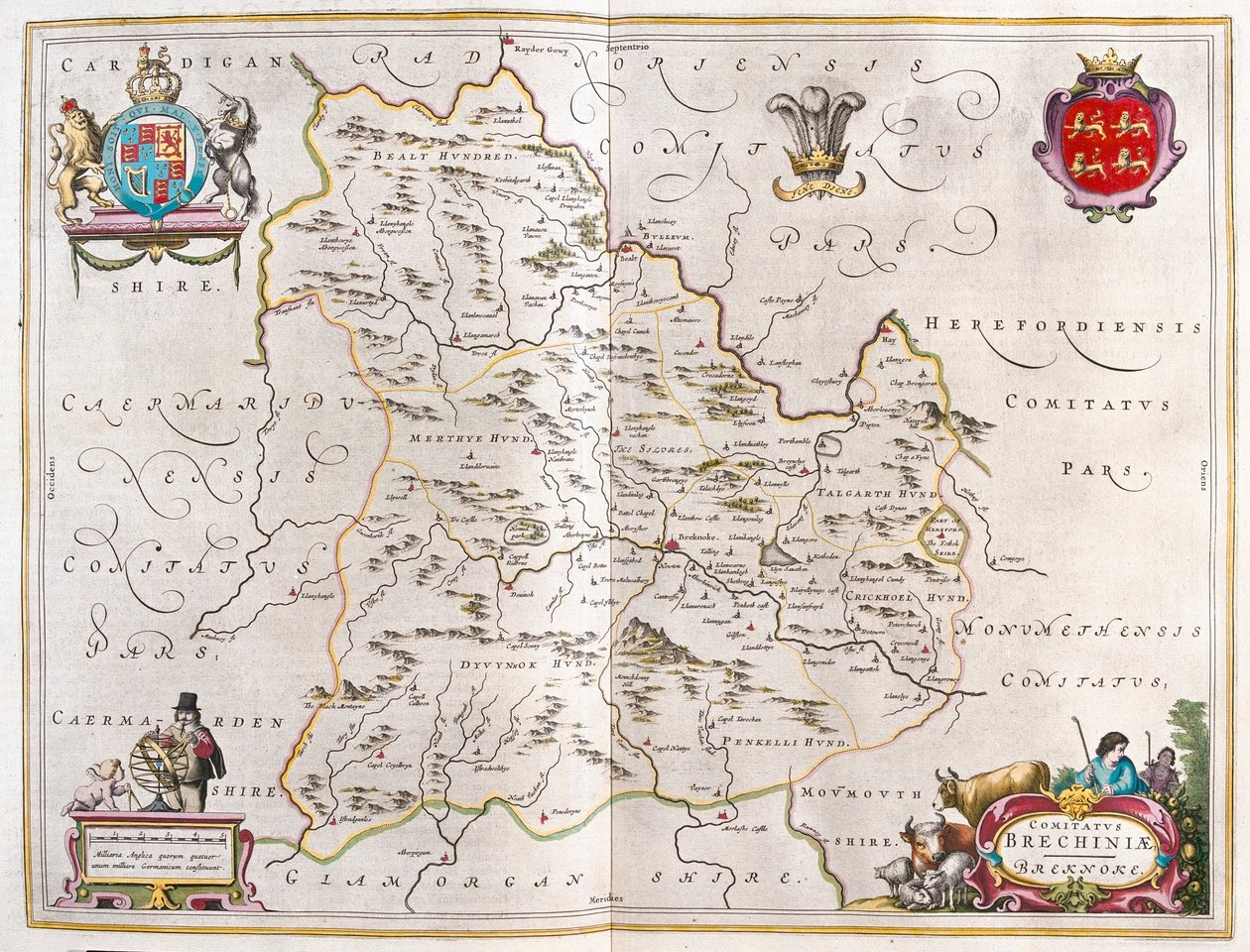 Breknoke, País de Gales, em "Theatrum Orbis Terrarum, sive Atlas Novus" de Willem Blaeu, Amesterdão de Willem Blaeu