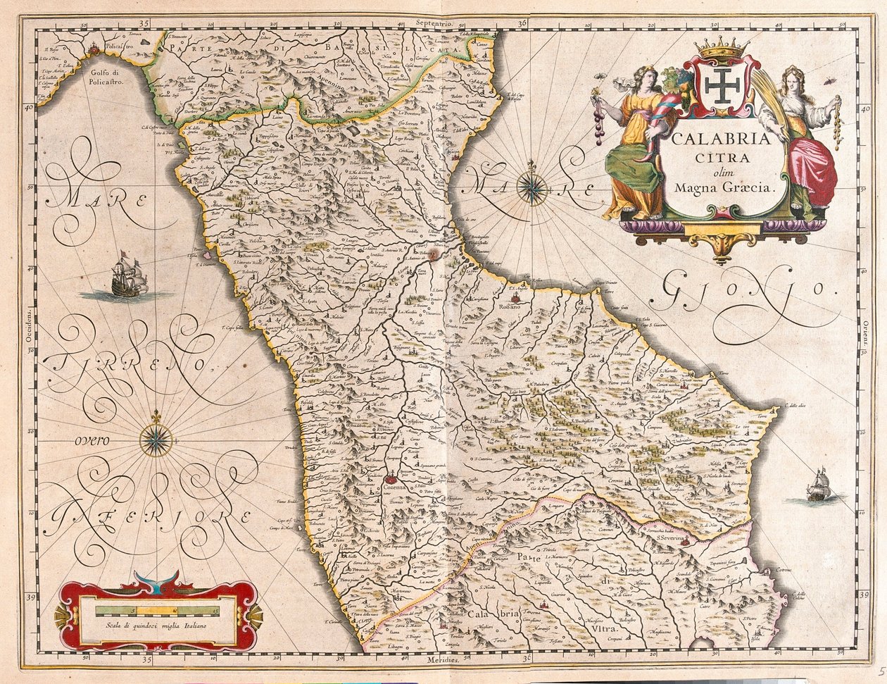 Calábria, Itália, em "Theatrum Orbis Terrarum, sive Atlas Novus" de Willem Blaeu, Amesterdão de Willem Blaeu