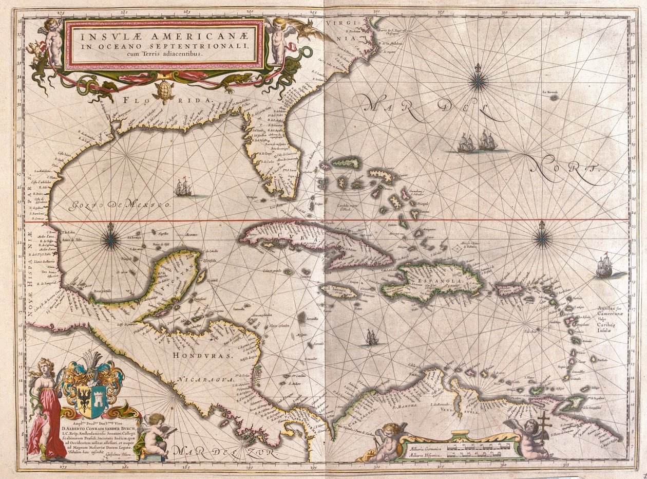 Caraíbas, Hounduras e Florida, em "Theatrum Orbis Terrarum, sive Atlas Novus" de Willem Blaeu, Amesterdão de Willem Blaeu