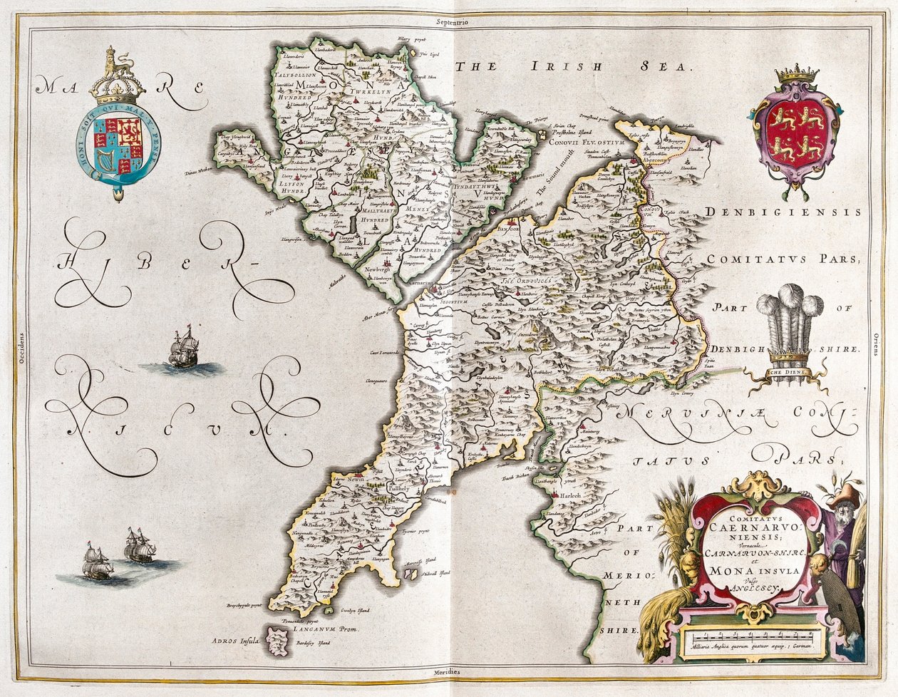 Carnarvonshire e Anglesey, em "Theatrum Orbis Terrarum, sive Atlas Novus" de Willem Blaeu, Amesterdão de Willem Blaeu
