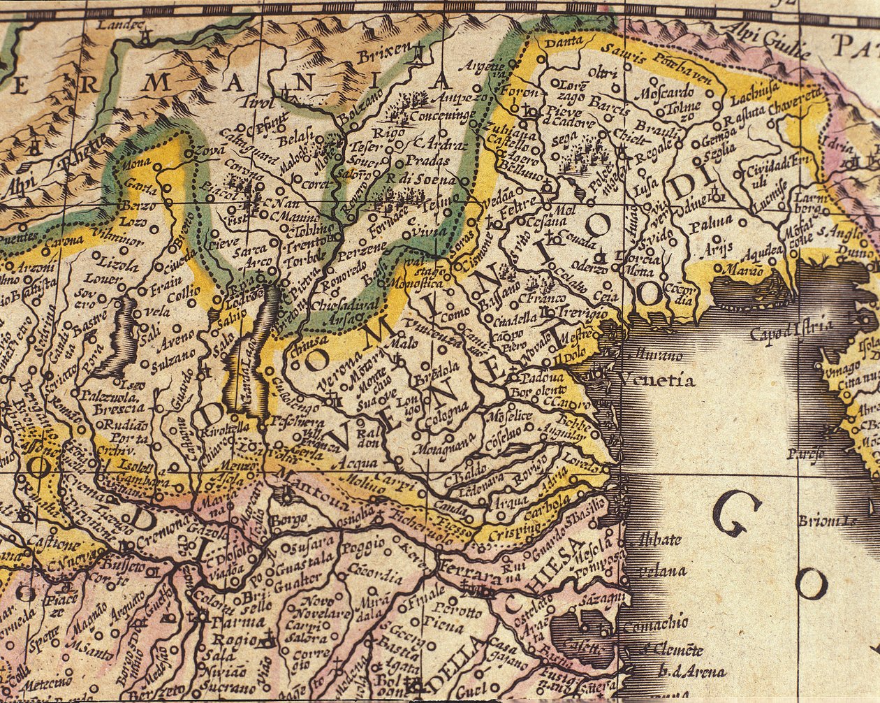 Mapa da região de Veneza, Itália. Atlas de William Blaeu (1571 - 1638) de Willem Blaeu