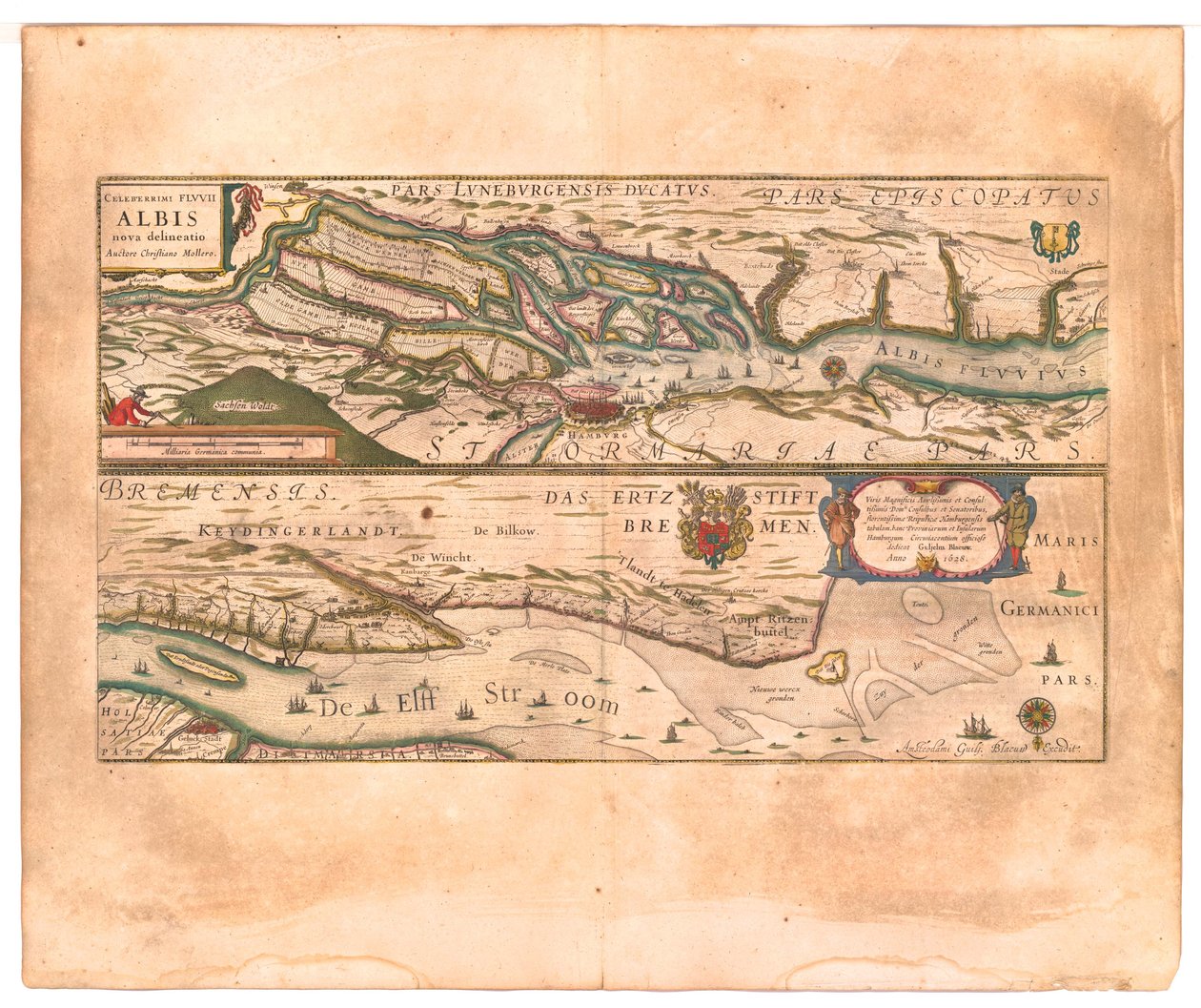 Celeberrimi Fluvii Albis nova delineatio (O famoso rio Elba, recentemente delineado). de Willem Blaeu
