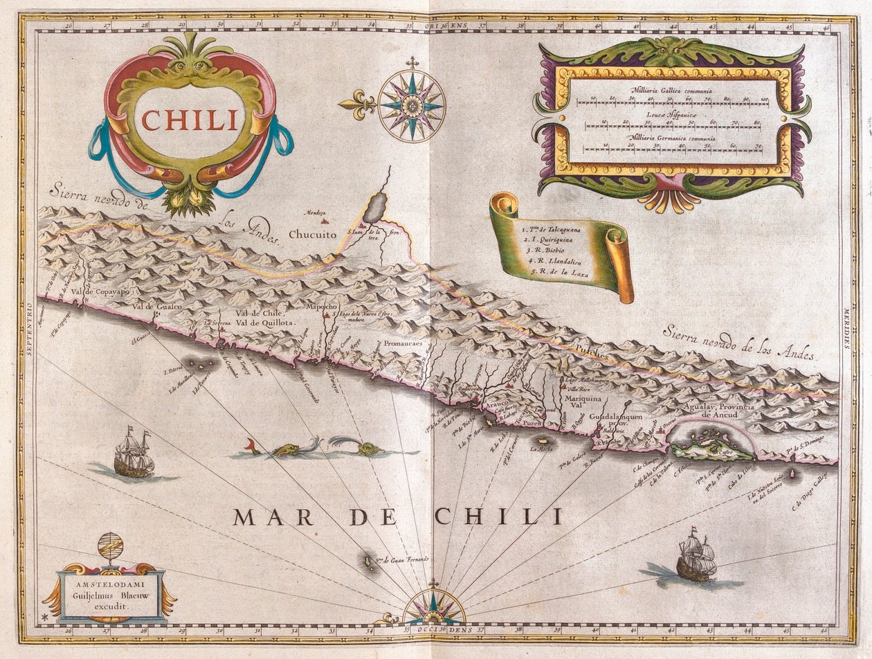 Chile, em "Theatrum Orbis Terrarum, sive Atlas Novus" de Willem Blaeu, Amesterdão de Willem Blaeu